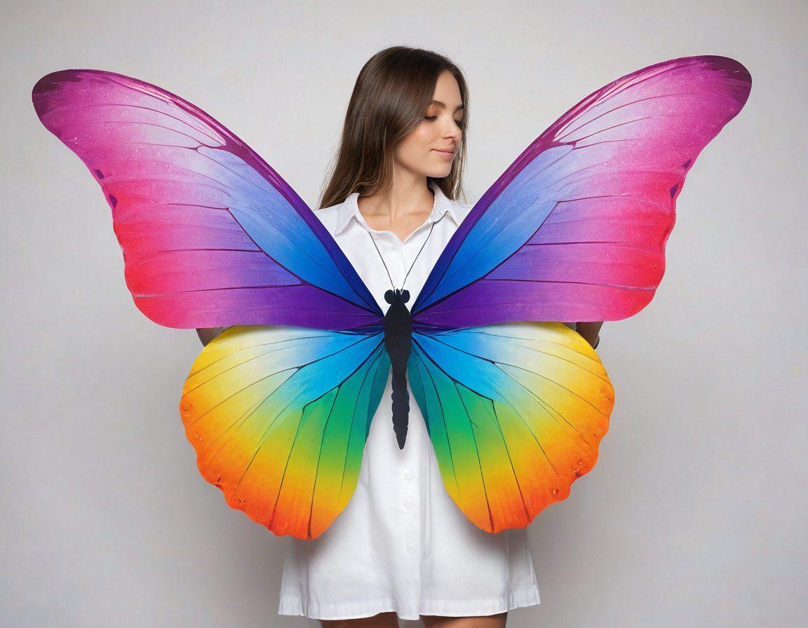 A person holding a plain white sheet of paper, which transforms into a vibrant, colorful butterfly emanating words and phrases like 'elegant,' 'expressive,' and 'extraordinary.' Include a gradient transition from mundane grayscale to lively rainbow colors. vector art. vibrant colors. white background.