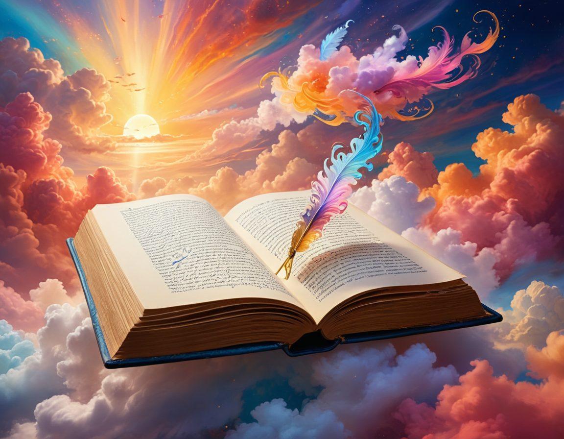 An open book with luminous golden pages, swirling with vibrant adjectives like 'serene,' 'radiant,' and 'majestic' in elegant calligraphy, floating in a dreamy, colorful cloudscape with a quill pen and ink bottle hovering in mid-air. surreal art. vibrant colors. ethereal background.
